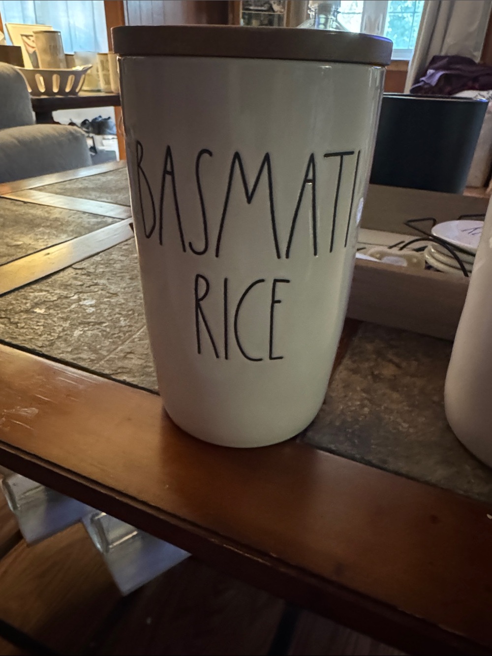 Rae Dunn White Basmati Rice Canister with Brown Lid